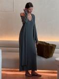 White Long Sleeve Knitted Cardigan Straps Sexy V Neck Casual Fashion Maxi Dress Sets 006