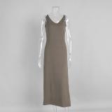 Brown Long Sleeve Knitted Cardigan Straps Sexy V Neck Casual Fashion Maxi Dress Sets