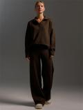 Brown Women Elegant Polo Collar Knitted Pullover Tops Wide-Leg Trousers Two-Piece Sweater Sets