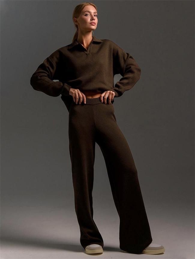 Brown Women Elegant Polo Collar Knitted Pullover Tops Wide-Leg Trousers Two-Piece Sweater Sets