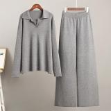 Gray Women Elegant Polo Collar Knitted Pullover Tops Wide-Leg Trousers Two-Piece Sweater Sets