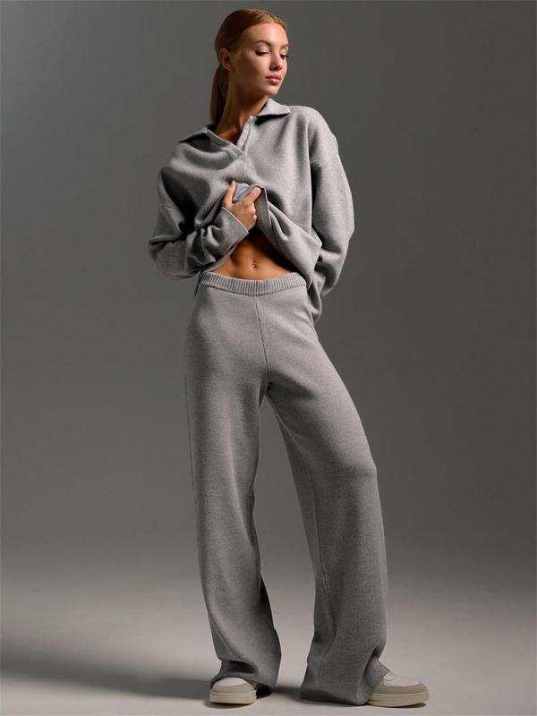 Gray Women Elegant Polo Collar Knitted Pullover Tops Wide-Leg Trousers Two-Piece Sweater Sets