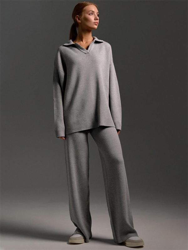 Gray Women Elegant Polo Collar Knitted Pullover Tops Wide-Leg Trousers Two-Piece Sweater Sets