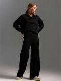 Black Women Elegant Polo Collar Knitted Pullover Tops Wide-Leg Trousers Two-Piece Sweater Sets