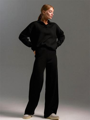 Black Women Elegant Polo Collar Knitted Pullover Tops Wide-Leg Trousers Two-Piece Sweater Sets