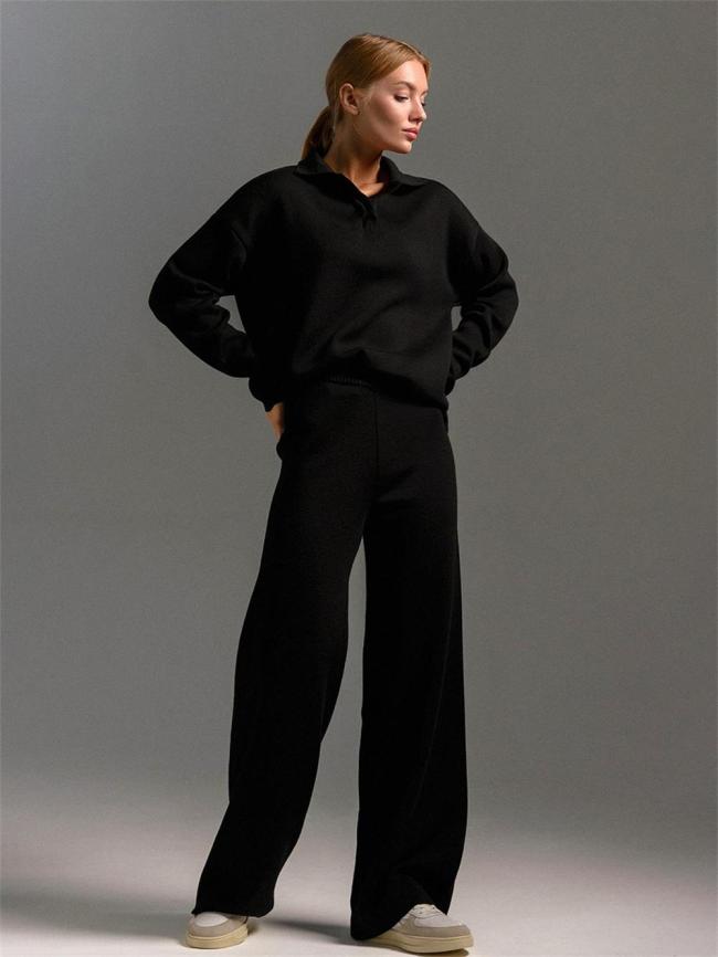 Black Women Elegant Polo Collar Knitted Pullover Tops Wide-Leg Trousers Two-Piece Sweater Sets