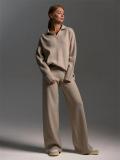 Khaki Women Elegant Polo Collar Knitted Pullover Tops Wide-Leg Trousers Two-Piece Sweater Sets