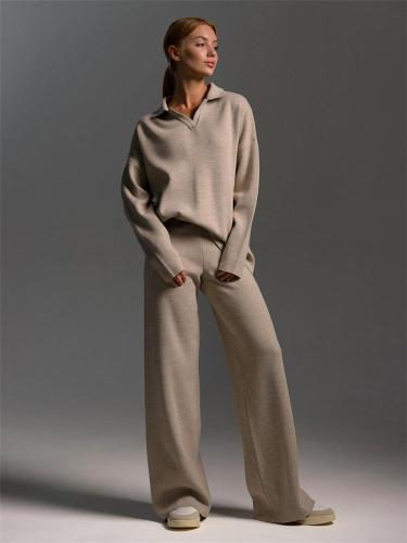 Khaki Women Elegant Polo Collar Knitted Pullover Tops Wide-Leg Trousers Two-Piece Sweater Sets