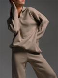 Khaki Women Elegant Polo Collar Knitted Pullover Tops Wide-Leg Trousers Two-Piece Sweater Sets