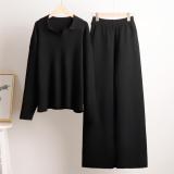 Black Women Elegant Polo Collar Knitted Pullover Tops Wide-Leg Trousers Two-Piece Sweater Sets