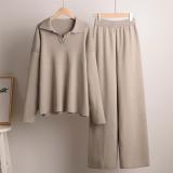 Khaki Women Elegant Polo Collar Knitted Pullover Tops Wide-Leg Trousers Two-Piece Sweater Sets