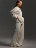 White Women Elegant Polo Collar Knitted Pullover Tops Wide-Leg Trousers Two-Piece Sweater Sets