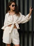 Apricot Elegant Women Casual Shorts Sets Cotton 2 Pieces Outfit Elastic Waist Shorts Suits
