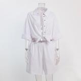 White Elegant Women Casual Shorts Sets Cotton 2 Pieces Outfit Elastic Waist Shorts Suits