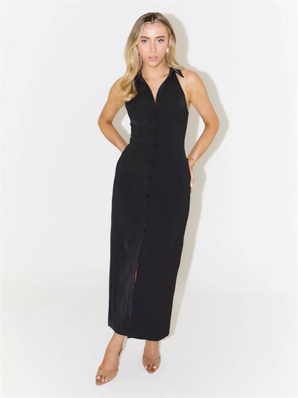 Black Sleeveless Women Elegant Single Breasted Fashion Office Midi Dress
