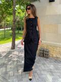 Black Two Pieces Cotton Linen Single Breasted Slit Side Women Office Skirt Sets