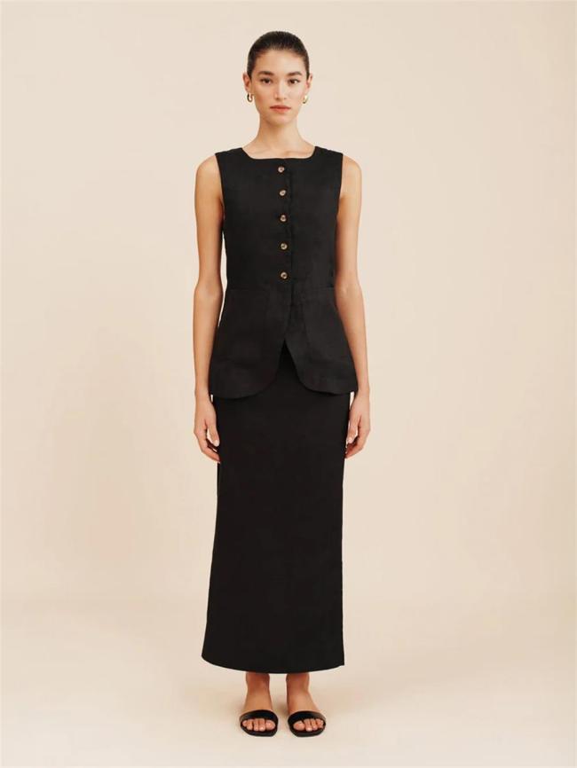 Black Two Pieces Cotton Linen Single Breasted Slit Side Women Office Skirt Sets