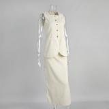 Apricot Two Pieces Cotton Linen Single Breasted Slit Side Women Office Skirt Sets