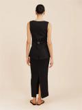 Black Two Pieces Cotton Linen Single Breasted Slit Side Women Office Skirt Sets