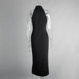 Black Sleeveless Women Elegant Single Breasted Fashion Office Midi Dress