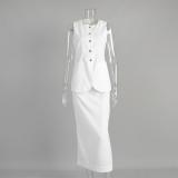 White Two Pieces Cotton Linen Single Breasted Slit Side Women Office Skirt Sets