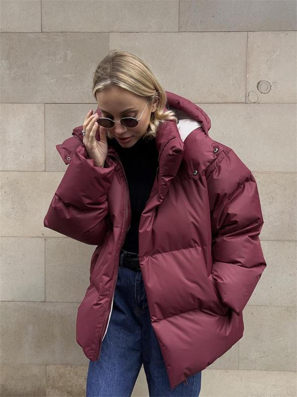 Claret Women Long Sleeve Loose Cotton Jacket Solid Hooded Coats