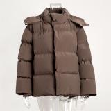 Brown Women Long Sleeve Loose Cotton Jacket Solid Hooded Coats