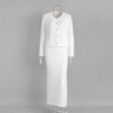 White Long Sleeve Single Breasted Knitted Cardigan Bodycon Two Pieces Midi Dress Sets