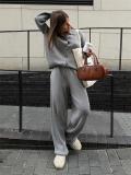 Gray Knitted Single Breasted Cardigan Wide Leg Casual Women Elegant Pant Sets