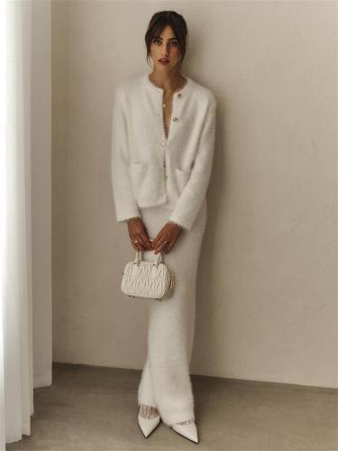 White Long Sleeve Single Breasted Knitted Cardigan Bodycon Two Pieces Midi Dress Sets