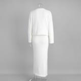 White Long Sleeve Single Breasted Knitted Cardigan Bodycon Two Pieces Midi Dress Sets