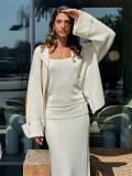 Apricot Long Sleeve 3 Pieces Sets Cardigan Straps Vest Sweat Suits Midi Dress Set