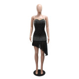 Black Off Shoulder Diamonds Bodycon Lining Mesh Pleated Club Dress