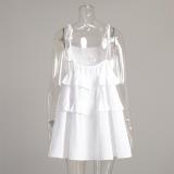 White Off Shoulder Halter Pleated Ruffles Women Vacation Mini Skirt Dress