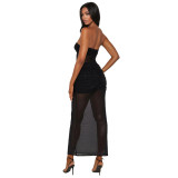 Black Off Shoulder Mesh See Through Diamonds Elegant Maxi Dress