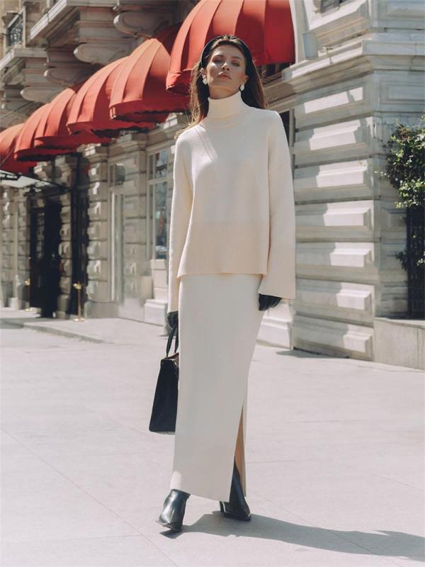 White Long Sleeve Knitting Pullover Tops Slit Side Sweater Suits