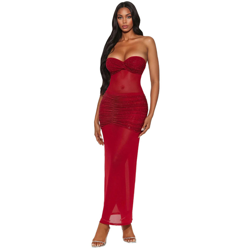 Red Off Shoulder Mesh See Through Diamonds Elegant Maxi Dress