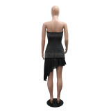 Black Off Shoulder Diamonds Bodycon Lining Mesh Pleated Club Dress