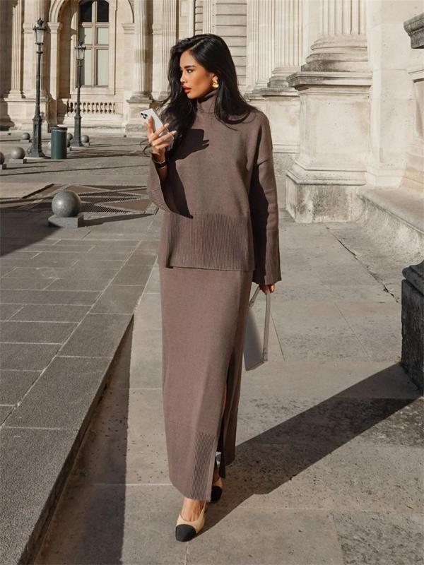 Brown Long Sleeve Knitting Pullover Tops Slit Side Sweater Suits