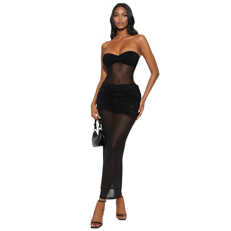 Black Off Shoulder Mesh See Through Diamonds Elegant Maxi Dress