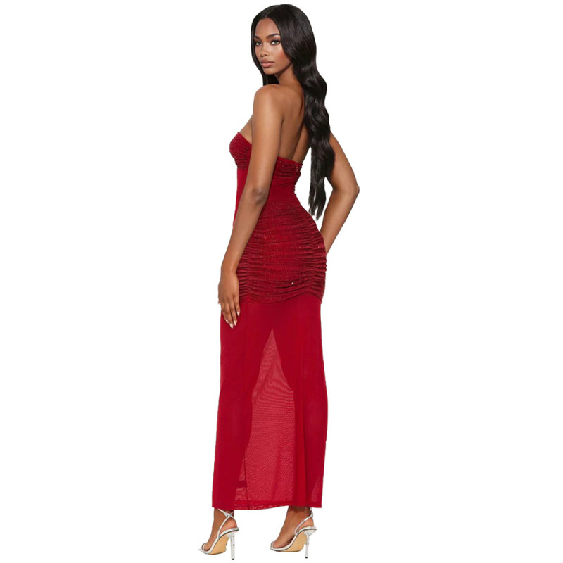 Red Off Shoulder Mesh See Through Diamonds Elegant Maxi Dress