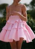 Pink Off Shoulder Halter Pleated Ruffles Women Vacation Mini Skirt Dress 002