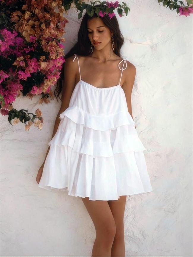 White Off Shoulder Halter Pleated Ruffles Women Vacation Mini Skirt Dress