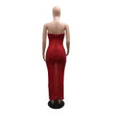 Red Off Shoulder Mesh See Through Diamonds Elegant Maxi Dress