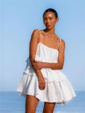 White Off Shoulder Halter Pleated Ruffles Women Vacation Mini Skirt Dress