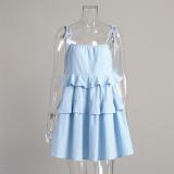 Blue Off Shoulder Halter Pleated Ruffles Women Vacation Mini Skirt Dress
