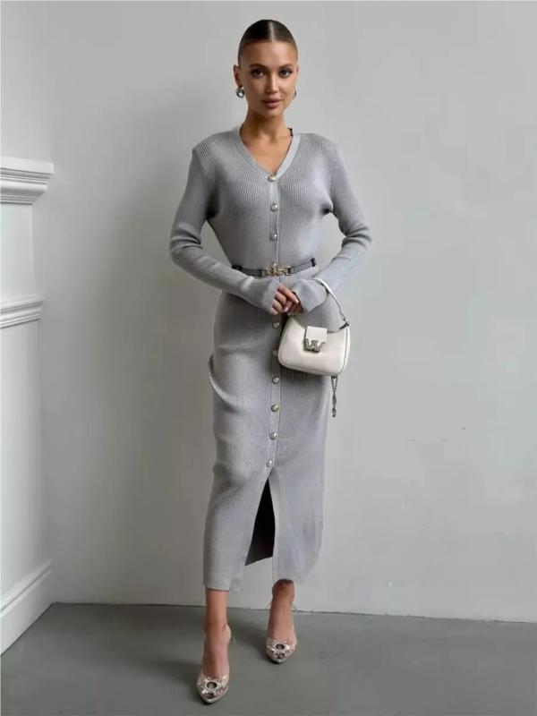 Gray Long Sleeve V Neck Single Breasted Fashion Women Knit Sweater Midi Dress