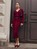 Claret Long Sleeve V Neck Single Breasted Fashion Women Knit Sweater Midi Dress