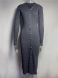 Dark Gray Long Sleeve V Neck Single Breasted Fashion Women Knit Sweater Midi Dress