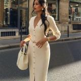 Khaki Long Sleeve V Neck Single Breasted Fashion Women Knit Sweater Midi Dress